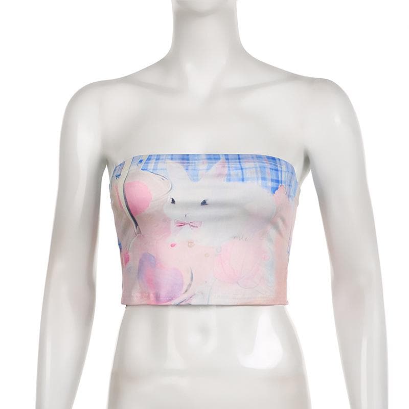 Rabbit pattern contrast backless tube crop top