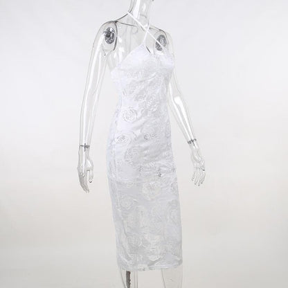 Durchsichtiges Neckholder-Midikleid mit Schlitz und überkreuzter Vorderseite und Blumenmuster