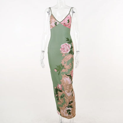 Rückenfreies Camisole-Maxikleid mit Blumenmuster und V-Ausschnitt in Kontrastfarbe 