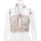 Ruched flower print contrast hollow out button halter backless crop top