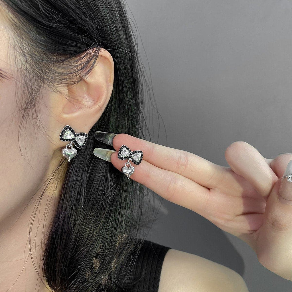 Heart Pendant Bowknot Rhinestone Earrings