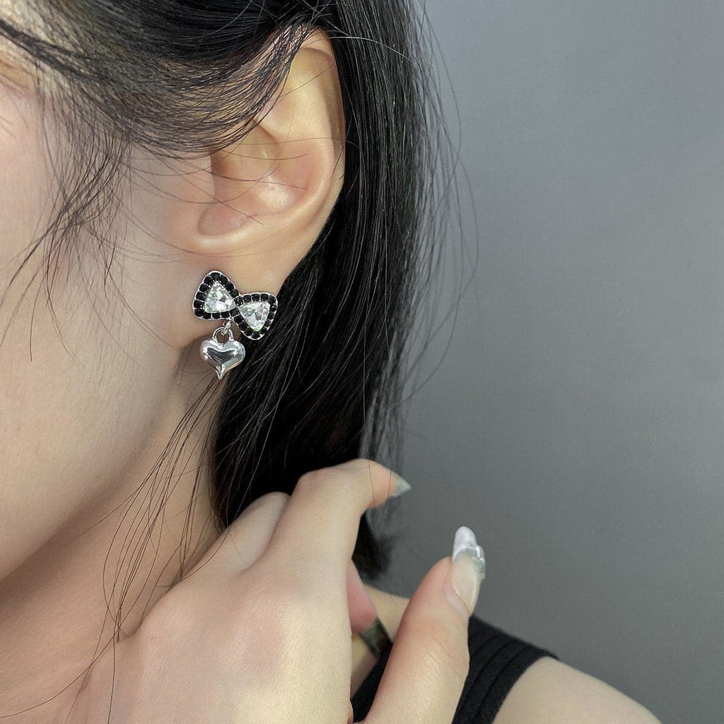 Heart Pendant Bowknot Rhinestone Earrings