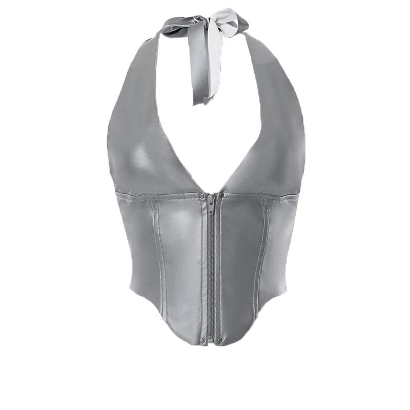 Neckholder-Crop-Top aus PU-Leder mit Reißverschluss und rückenfreiem V-Ausschnitt 