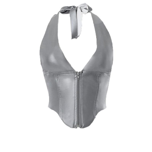 Top corto in similpelle con scollo a V e schiena scoperta con cerniera 