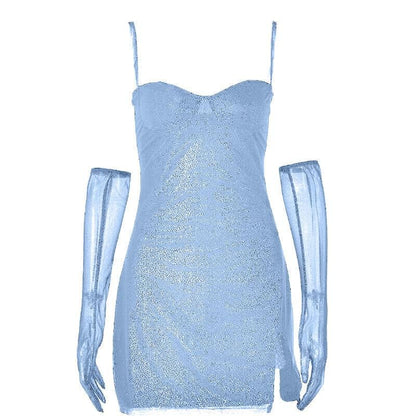Strukturierte Netzhandschuhe, herzförmiger Ausschnitt, Reißverschluss, Schlitz, Camisole-Minikleid