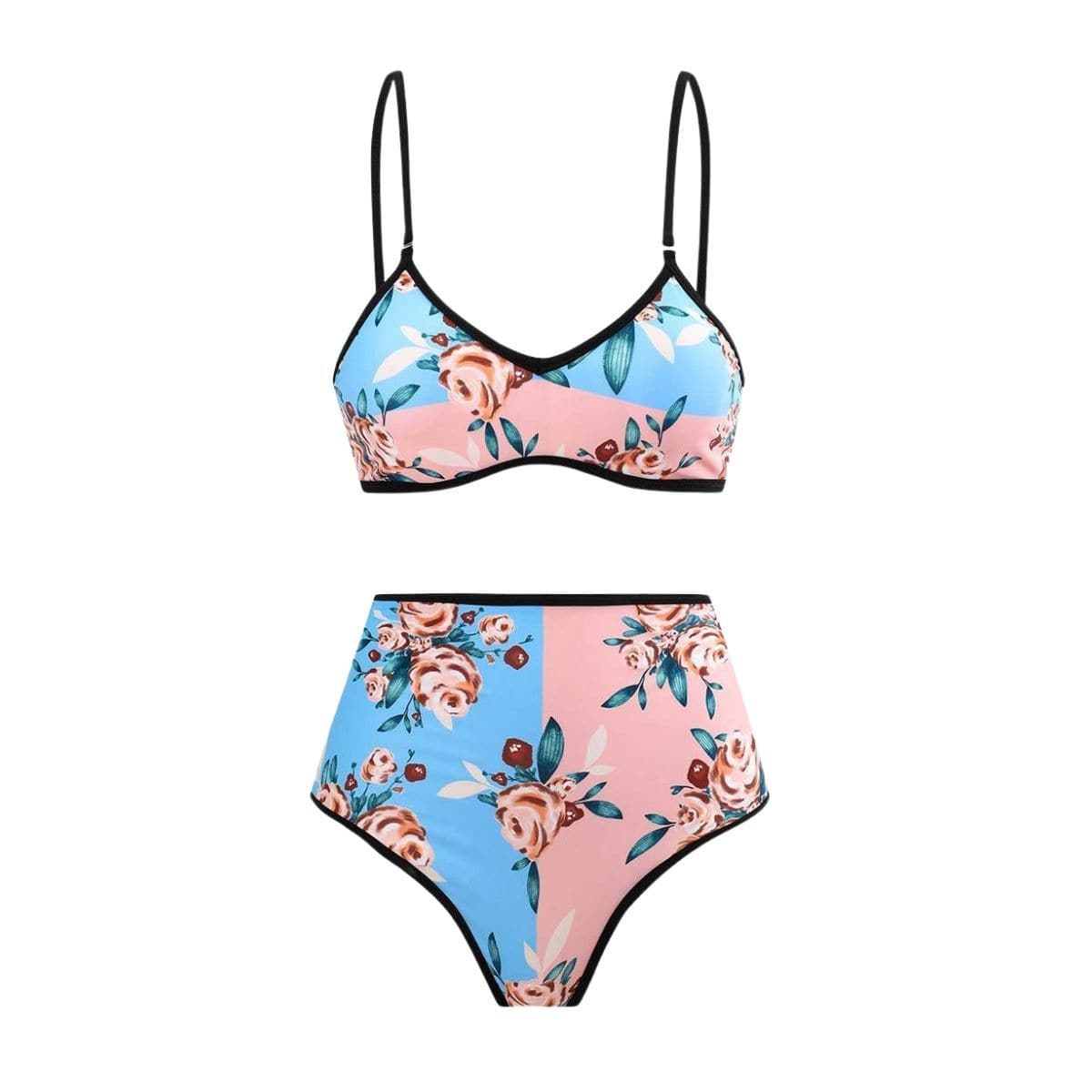 Costume da bagno 3 pezzi con canotta bidirezionale e scollo a V a contrasto con stampa floreale