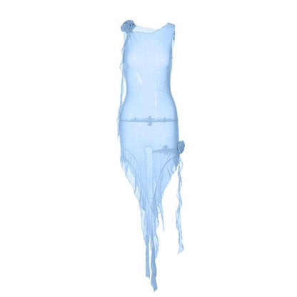 Ärmelloses Midikleid aus transparentem Netzstoff mit Rüschen und Blumenapplikation
