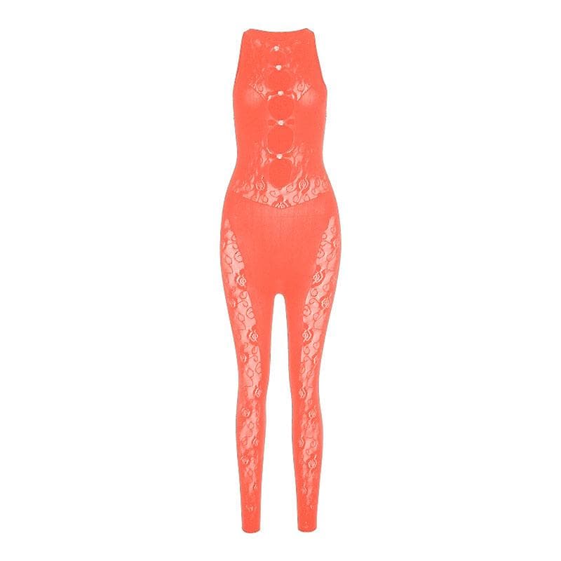 Ärmelloser Jumpsuit aus einfarbigem Fischnetz mit Rundhalsausschnitt und ausgehöhlter Spitze