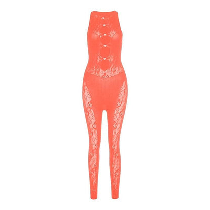 Hollow out lace crewneck button fishnet sleeveless solid jumpsuit