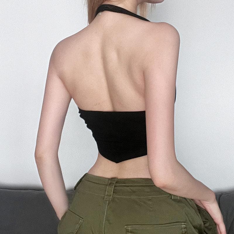 Halter beaded backless metal chain crop top