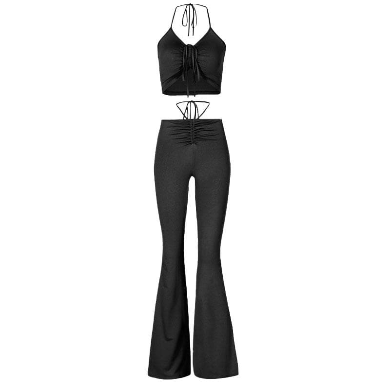 Neckholder-Set zum Selbstbinden mit Kordelzug, gerüschtem Rücken, einfarbigem Schlag und Hose