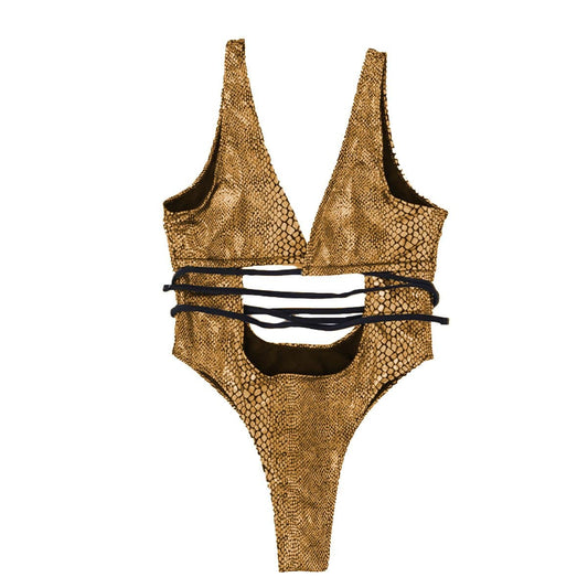 Costume da bagno intero metallizzato con stampa effetto serpente incrociata sul davanti