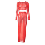 Sheer mesh see through long sleeve stitch contrast maxi skirt set