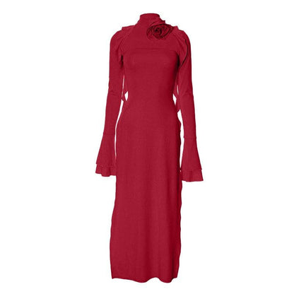 Maxikleid mit Blumenapplikation, Schlitz, ausgestellten Ärmeln und Schleife