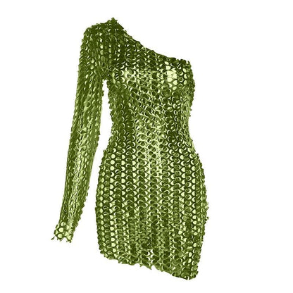 Irregular hollow out long sleeve metallic textured one shoulder mini dress