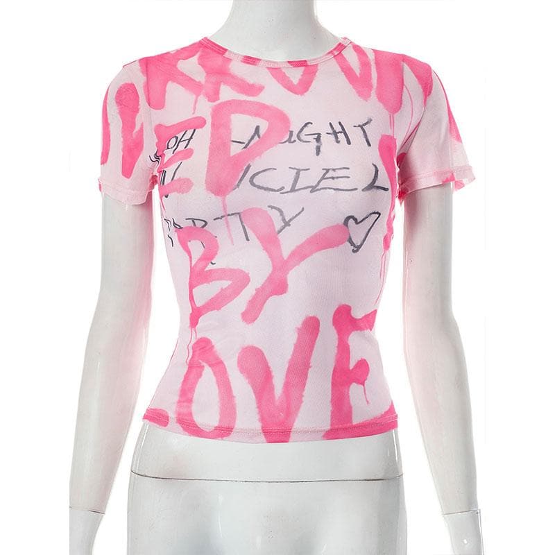 Short sleeve letter print contrast sheer mesh see through top