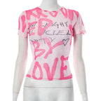 Short sleeve letter print contrast sheer mesh see through top