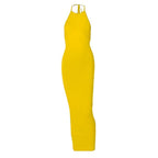 Backless solid ruched self tie halter maxi dress