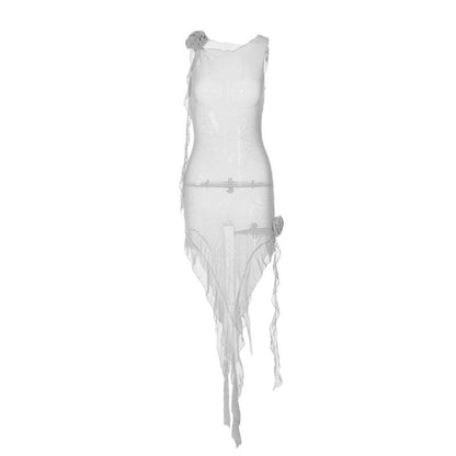 Ärmelloses Midikleid aus transparentem Netzstoff mit Rüschen und Blumenapplikation