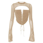 Top con corsetto, maniche svasate, scollo rotondo, schiena scoperta e lacci 