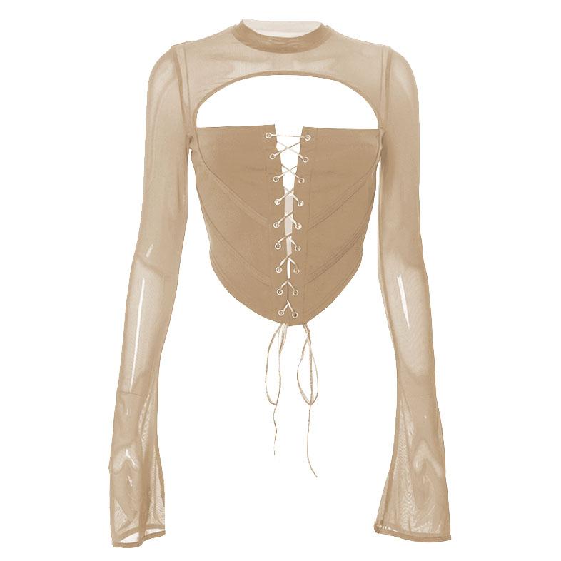 Lace up flared sleeve crewneck corset hollow out backless top