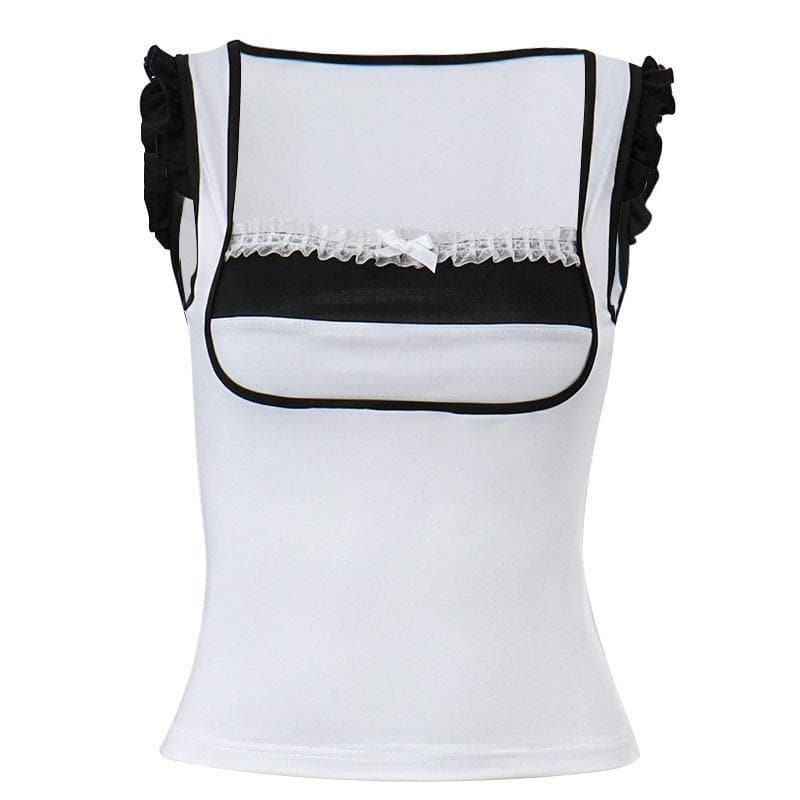 Top patchwork a contrasto con scollo quadrato, maniche corte e orlo in pizzo con volant 