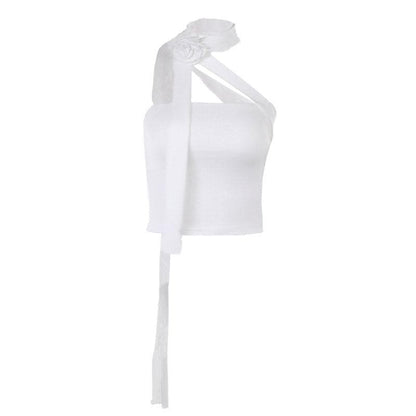 Einfarbiges One-Shoulder-Crop-Top mit Blumenapplikation und Schleife 