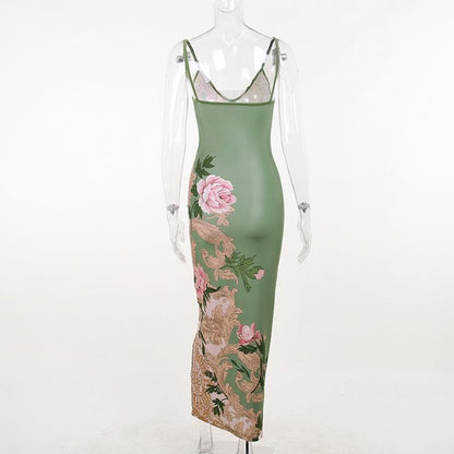 Rückenfreies Camisole-Maxikleid mit Blumenmuster und V-Ausschnitt in Kontrastfarbe 