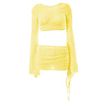Textured self tie flared sleeve drawstring v neck mini skirt set