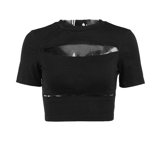 Top corto a maniche corte con scollo a giro e traforato