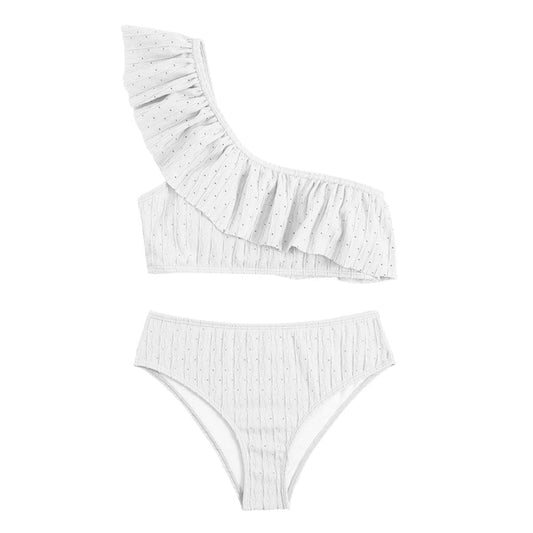 Costume da bagno bikini monospalla testurizzato con volant