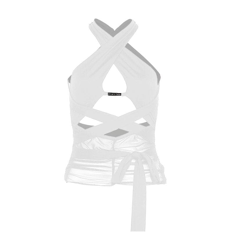Sleeveless solid hollow out cross front mesh crop top