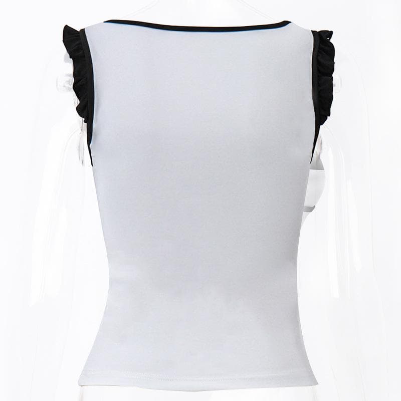Top patchwork a contrasto con scollo quadrato, maniche corte e orlo in pizzo con volant 