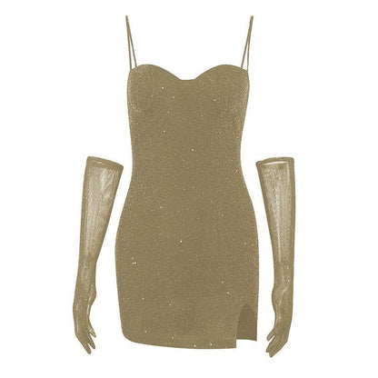 Minikleid mit Camisole-Ausschnitt und Schlitz mit Perlen und Handschuhen - Schlussverkauf 