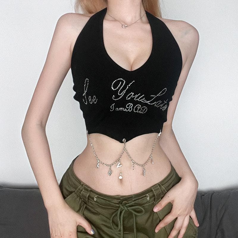 Halter beaded backless metal chain crop top
