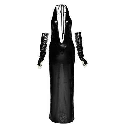 Neckholder-Maxikleid mit V-Ausschnitt und rückenfreien Handschuhen zum Selbstbinden in Metallic