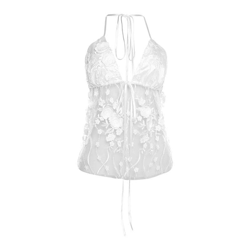 Embroidery v neck self tie halter solid backless top