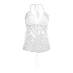 Embroidery v neck self tie halter solid backless top
