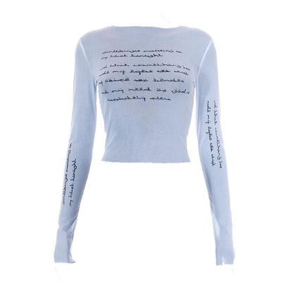 Langärmliges, durchsichtiges Crop-Top aus transparentem Netzstoff mit Kontrastdruck 