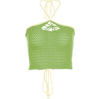 Backless self tie halter crochet lace up contrast crop top