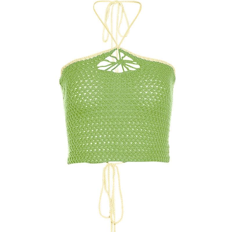 Backless self tie halter crochet lace up contrast crop top