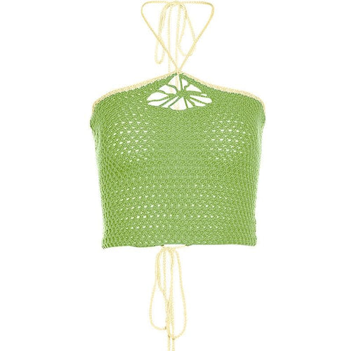 Rückenfreies Neckholder-Crop-Top zum Selbstbinden mit Häkel-Schnürung und Kontrast 
