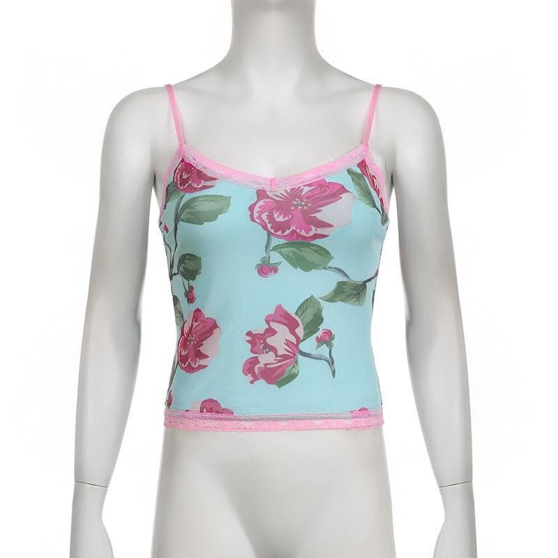 Top in rete a contrasto con scollo a V e stampa floreale con orlo in pizzo 