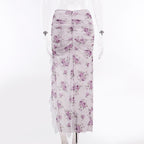 Sheer mesh see through flower print ruched slit midi skirt