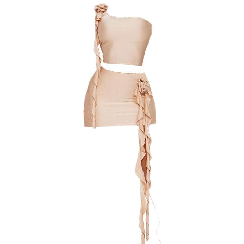 Irregular flower applique one shoulder solid mini skirt set