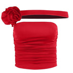 Sleeveless solid off shoulder flower applique ruched tube top - Final Sale
