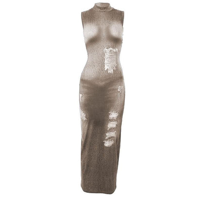 Ärmelloses Maxikleid mit hohem Kragen und Jeans-Print in Kontrastfarbe 