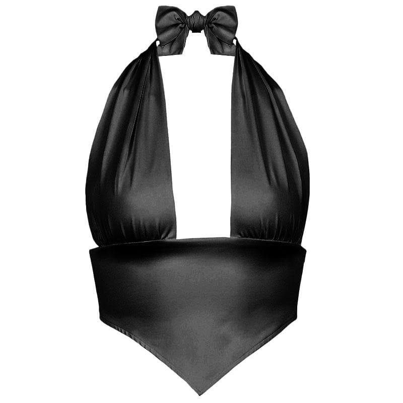 Halter backless solid ruched self tie top