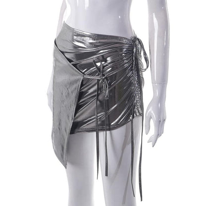 Drawstring metallic self tie irregular low rise mini skirt