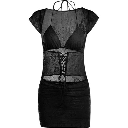 Lace halter cap sleeve ruched corset lace up solid mini skirt set